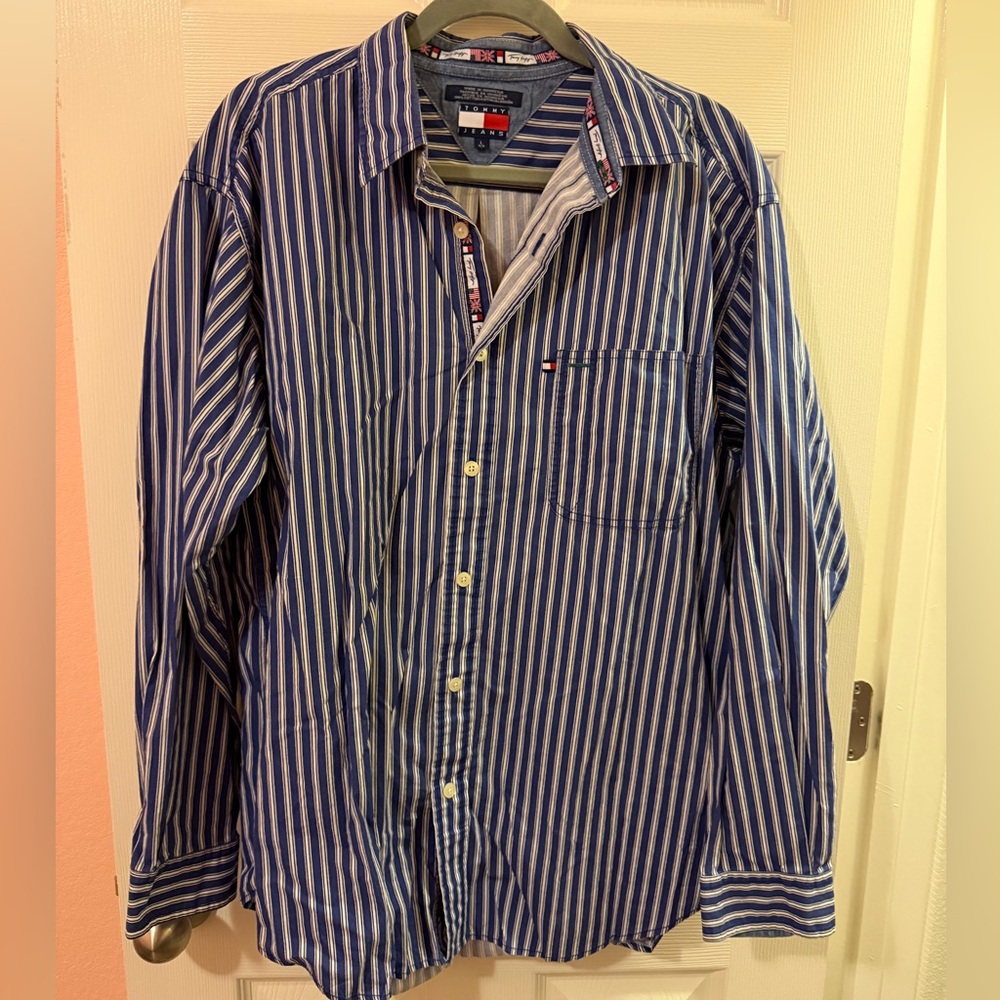 Tommy Hilfiger Navy and White Striped Men's Shirt